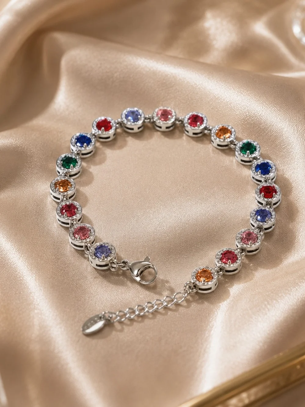 Multicolor Crystal Link Bracelet in Silver-Tone